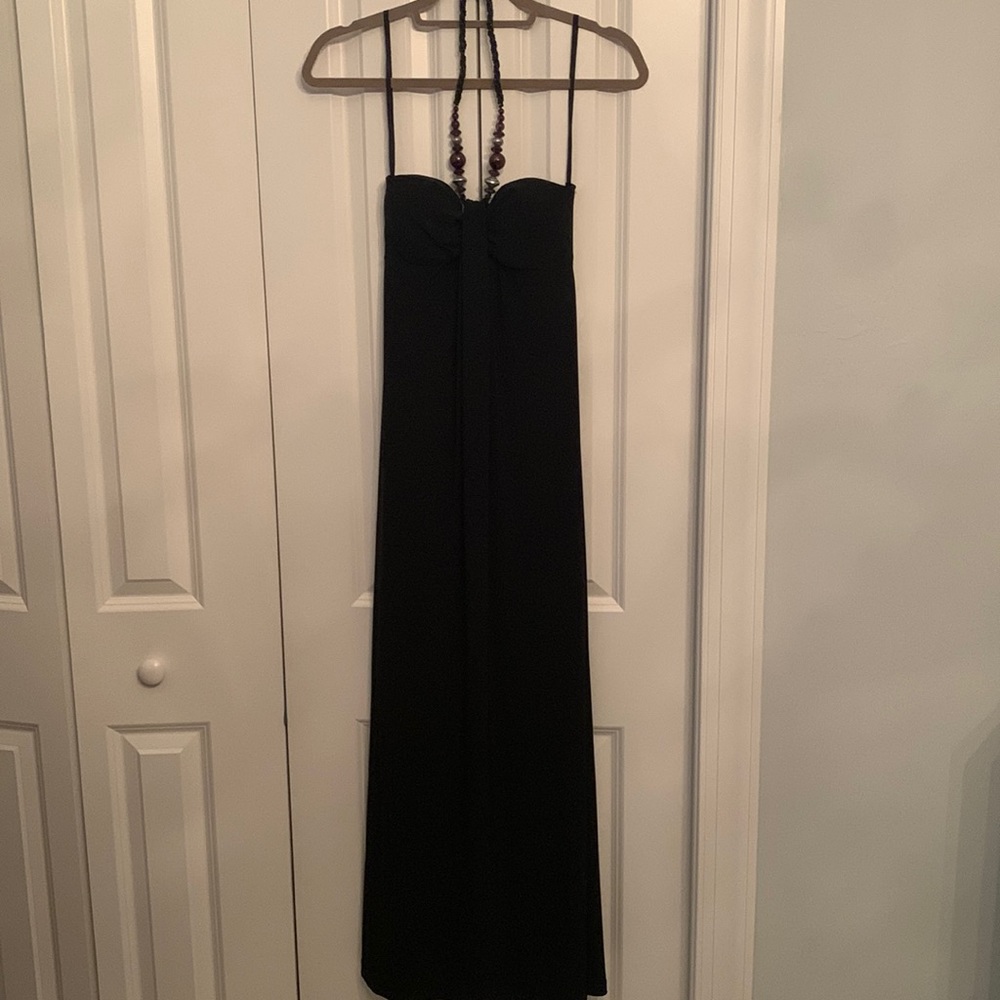 Black maxi dress with brown and black beaded necklace neckline